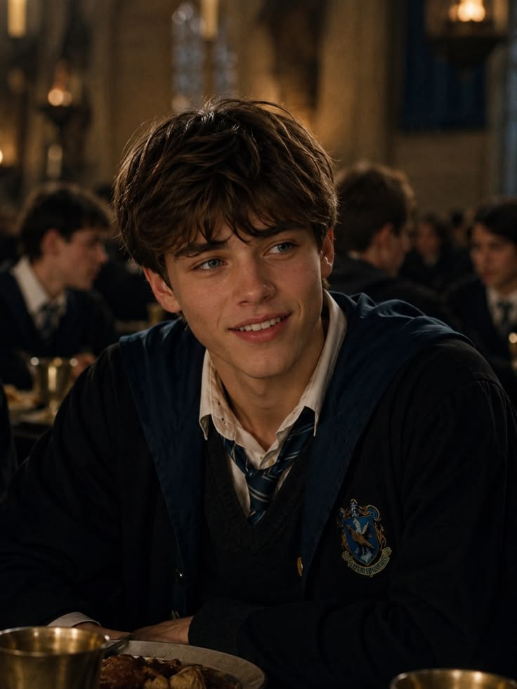 Visitante com vestes azuis da Corvinal, em um retrato que celebra sua Casa de Hogwarts.
