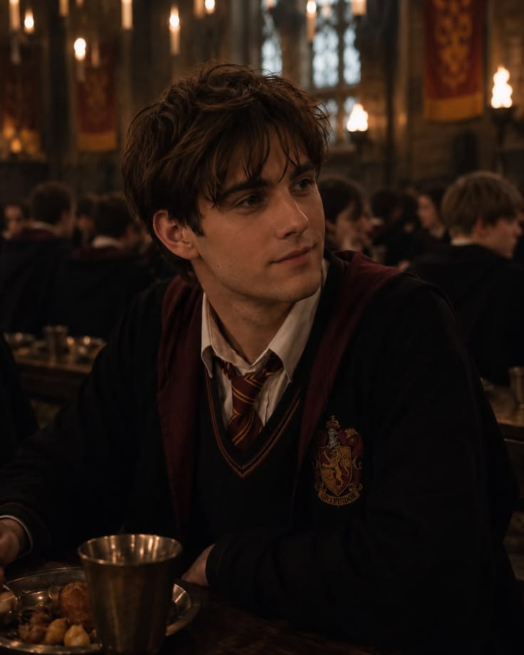 Visitante com vestes vermelhas e douradas da Grifinória, em um retrato que celebra sua Casa de Hogwarts.